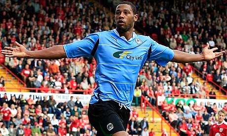 Clive Platt celebrates scoring Coventry's first goal at Bristol City