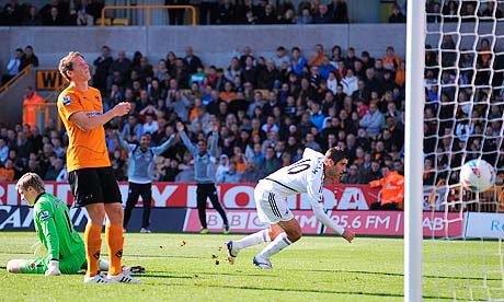 Swansea City's Danny Graham celebrates soring the first goal at Wolverhampton Wanderers