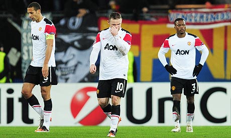 Manchester United's Rio Ferdinand, Wayne Rooney and Patrice Evra at Basel in the Champions League