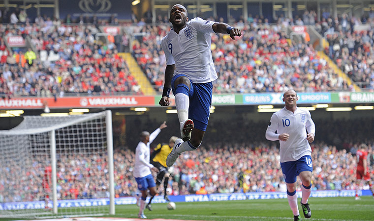 Wales v England: Darren Bent celebrates scoring England's second goal