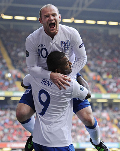 Wales v England: Wayne Rooney celebrates with goalscorer Darren Bent