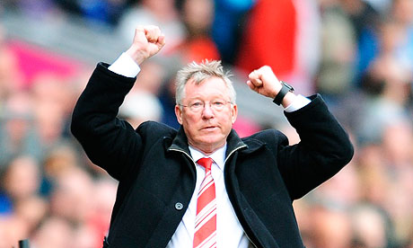 Sir Alex Ferguson of Manchester United celebrates their 19th title