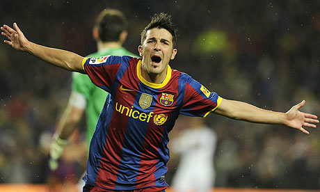 David Villa celebrates after scoring during Barcelona's 50 win over Real 