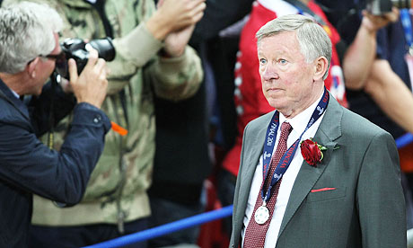Sir Alex Ferguson of Manchester United shows his disappointment after Barcelona's 3-1 victory