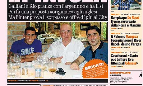 Carlos Tevez is seen having lunch with Adriano Galliani and Kia Joorabchian in Gazzetta dello Sport