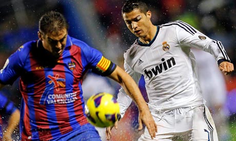 Levante's captain Sergio Ballesteros, left, and Real Madrid's Cristiano Ronaldo
