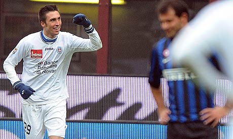 Novara forward Andrea Caracciolo celebrates after scoring the winning goal against Inter