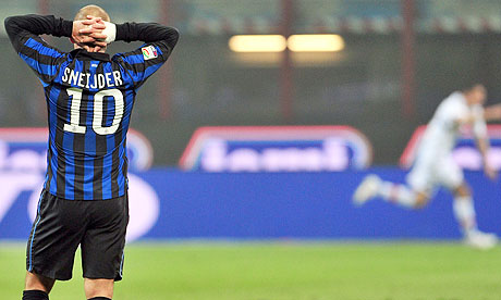 Wesley Sneijder reacts during Inter's latest setback, a 3-0 defeat to lowly Bologna at San Siro