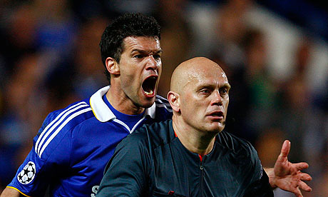 Chelsea's Michael Ballack shouts at Tom Henning Ovrebo