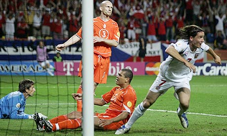 Vladimir Smicer scores the winner for the Czech Republic against Holland in 2004