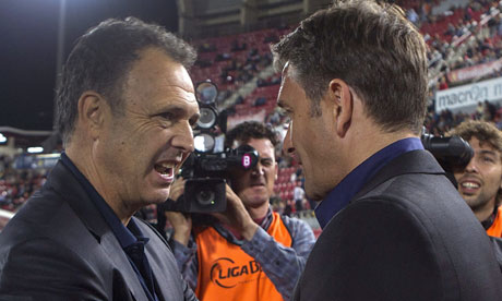 Joaquin Caparros with Real Sociedad's head coach Philipe Montanier