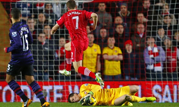 Войцех Щченсны не позволяет Рики Ламберту занести мяч в ворота