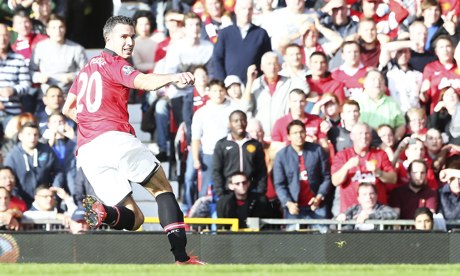 Robin van Persie of Manchester United scores against Southampton in the Premier League