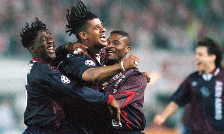 Ajax players celebrate their European Cup final victory in 1995