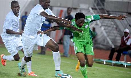 South Africa's Eric Mathoho, left, and Nigeria's Ahmed Musa