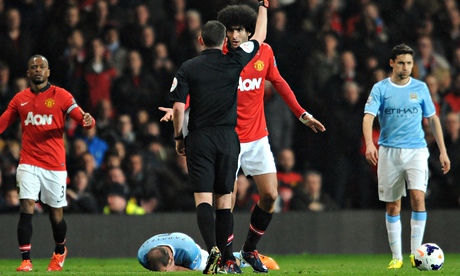 Marouane Fellaini was booked for his challenge on Pablo Zabaleta