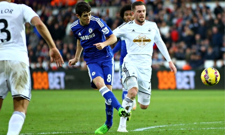 Oscar fires home his second goal during Chelsea's 5-0 win against Swansea City.