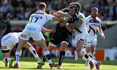 Exeter Chiefs No8 Thomas Waldrom proves as hard to stop as ever for Sale, before ending the regular 