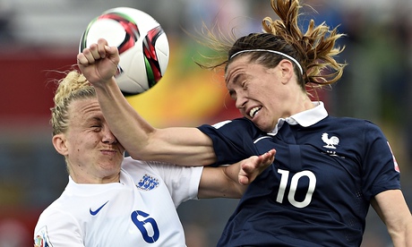 England's Laura Bassett, left, is elbowed in the face by the French midfielder Camille Abily.