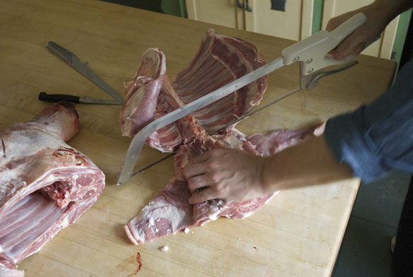 Gallery Butchering a lamb carcass: Lamb. Saw through the spine