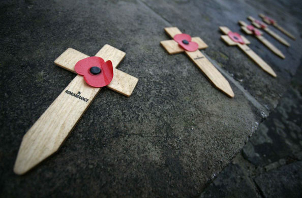 Gallery November 7 2008: Crosses on memorial stone at the former Bergen-Belsen Nazi death camp