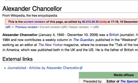 Alexander Chancellor's recent Wikipedia entry