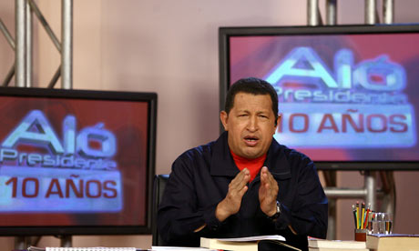 Hugo Chavez delivers a speech during his second broadcast of the day in Caracas