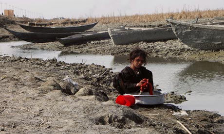 A marsh Arab girl washes clothes in Al-Hammar marsh in Iraq. Photograph: Reuters
