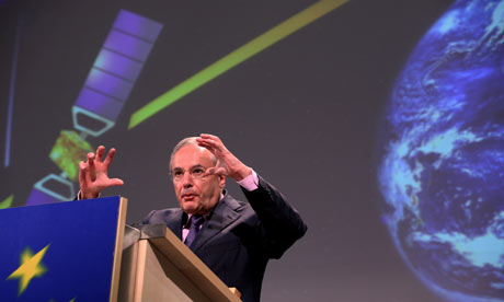 EU Commissioner Jacques Barrot gestures during a press conference on Galileo satellite project