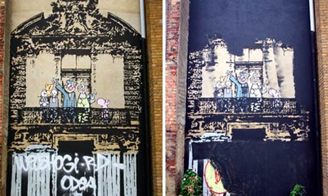 Before and after pictures of a Banksy artwork in Stoke Newington, London