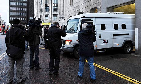 A van transporting PC Stephen Mitchell leaves court in Newcastle.