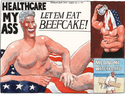 'I'm Scott Brown. I drive a truck' - Healthcare My Ass, Let'em eat beefcake - Me and My Waterboard - a Steve Bell cartoon