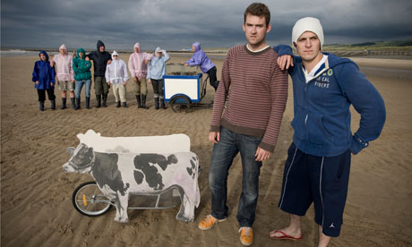 Rehearsals of National Theaire Wales's The Beach on the sands at Prestatyn, north Wales.