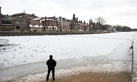 The River Ouse completely frozen over in the city of York.