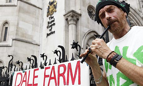 A Dale Farm supporter outside the high court in London.