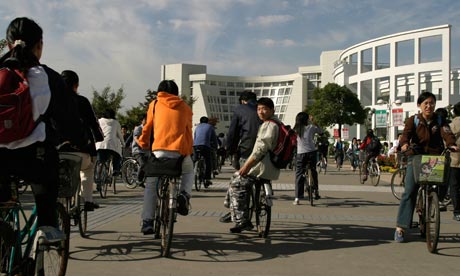 Shanghai University, China, students on bicycles
