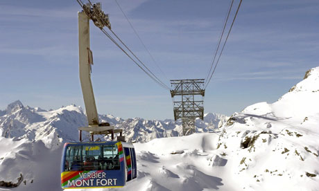 A cable car makes its way to a peak at Mont-Fort, near Verbier, Switzerland.