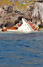The vessel that has grounded on Nightingale Island, Tristan da Cunha, causing an oil slick