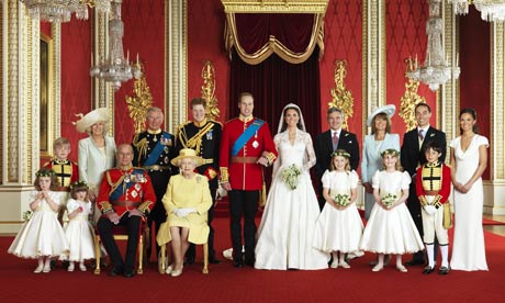 The royal wedding party pose in the Throne Room at Buckingham Palace