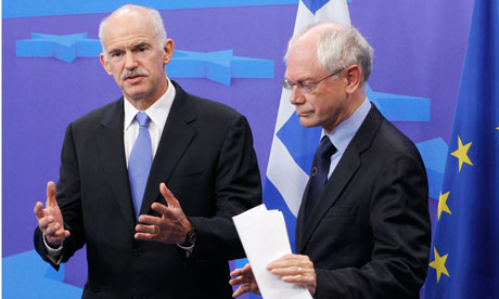 Greece's prime minister George Papandreou and European Council president Herman Van Rompuy – EU leaders have agreed a second rescue