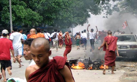 Monks at protests in Yangon in 2007