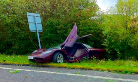 Rowan Atkinson's McLaren F1 car after the crash on the A605 near Haddon in