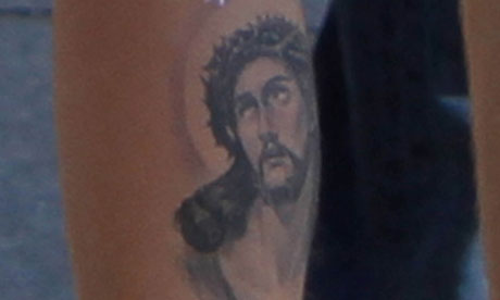 Justin Bieber's tattoo of Jesus on his left calf