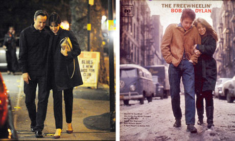 David and Samantha Cameron and a detail from Bob Dylan's classic album cover.