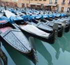 Gondolas covered by a snow flurry in Venice