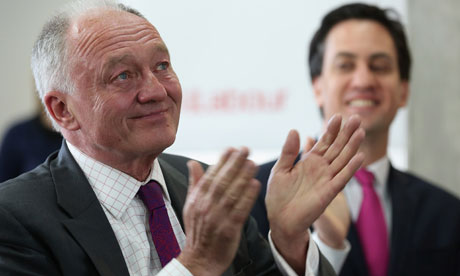 A teary Ken Livingstone watches the London mayoral broadcast with party leader Ed Miliband