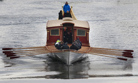 The royal barge Gloriana being tested on the Thames for the first time, April 2012