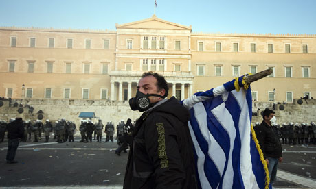 Demonstrator just outside Greek parliament