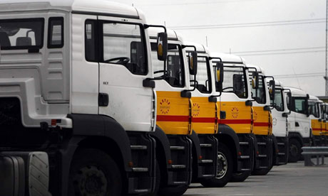 petrol tankers standing idle at a depot