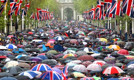 Crowd using umbrellas at Queen's diamond jubilee, 5 June 2012